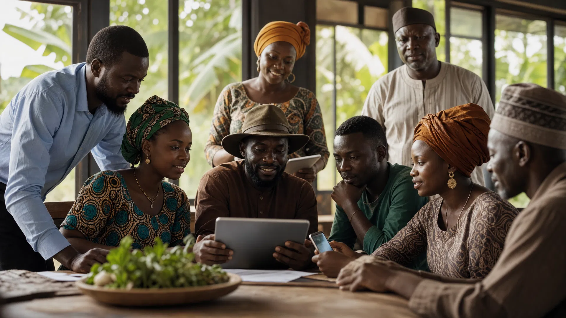 African community members collaborating with digital technology — farmers, entrepreneurs, and leaders gathered around tablets in a modern cooperative meeting space
