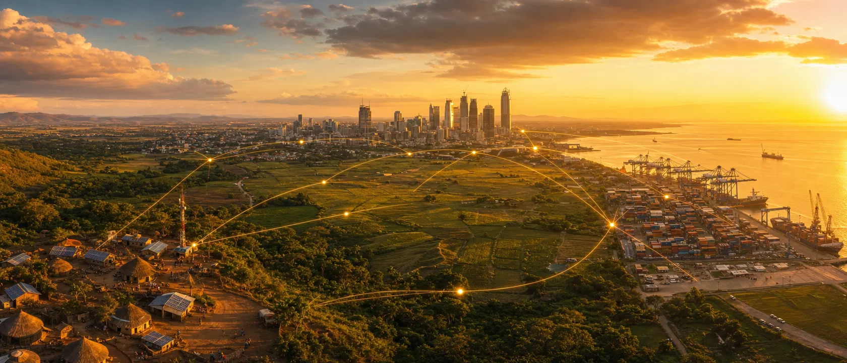 Panoramic view of Africa at golden hour — villages with solar panels, modern city skylines, and busy ports connected by golden threads of light, symbolizing continental unity and permanence